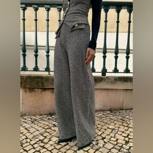 Zara Women Textured Wide Leg Pant Small Tweed Metallic Thread Gold Button